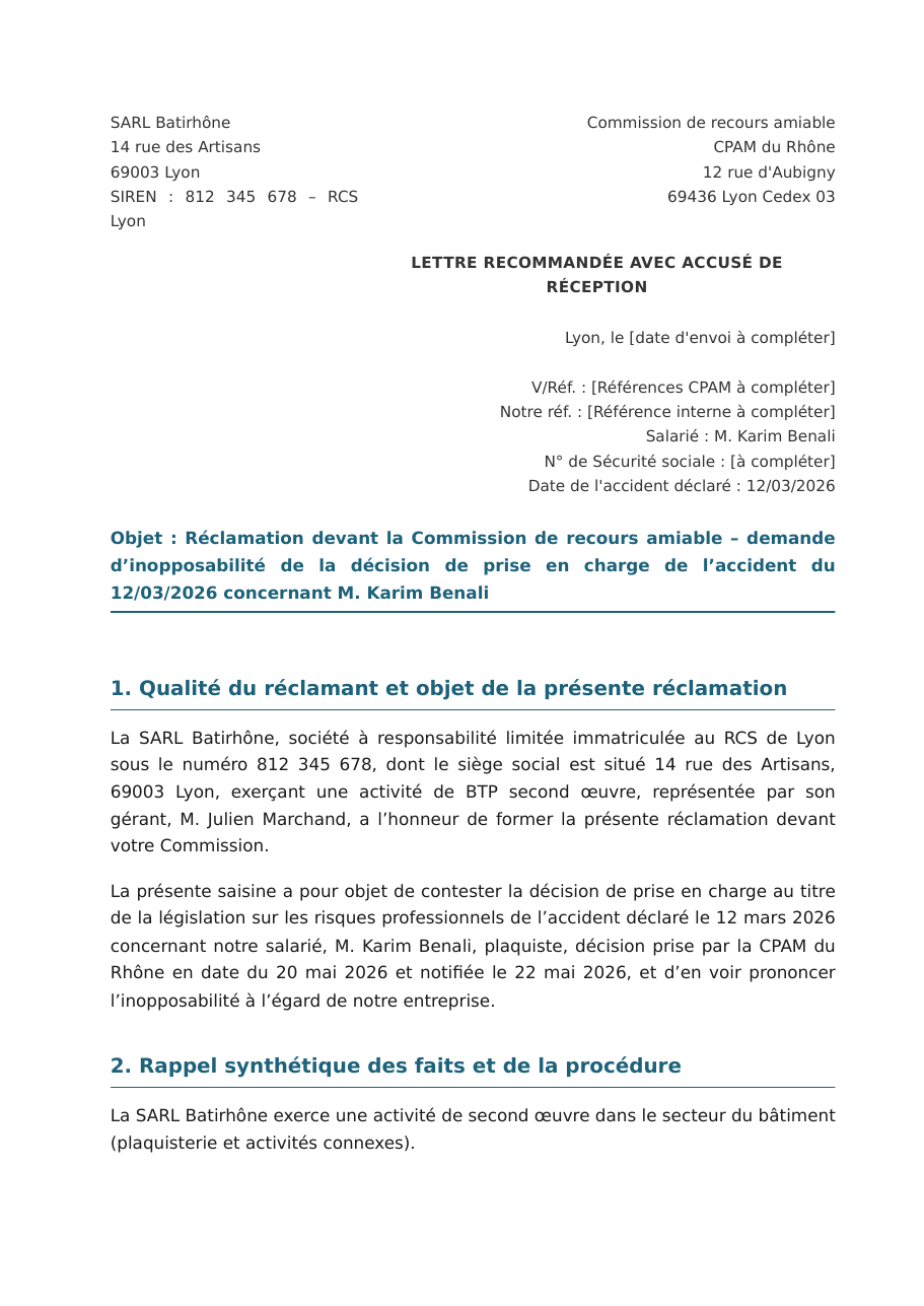 Première page de la saisine de la commission de recours amiable produite par GérerMesATMP : en-tête SARL Batirhône, destinataire commission de recours amiable de la CPAM du Rhône, objet demandant l'inopposabilité de la décision de prise en charge
